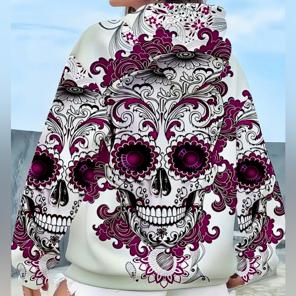 NIP SUGAR SKULL DAY OF DEAD SWEATSHIRT HOODIE WOMENS SMALL PURPLE BLACK ON WHITE